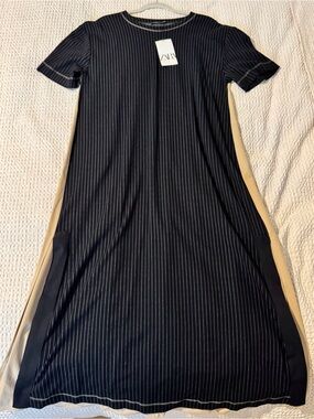 zara blue striped embroidered dress ZARA blue embroidered poplin mini dress striped Ref. 7521/109 S 8 UK 36 EU 4 US
